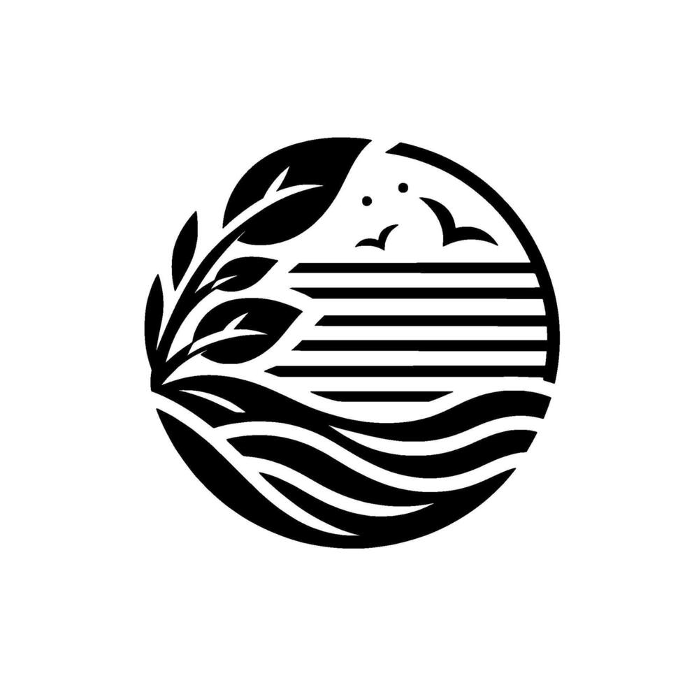 Circular emblem featuring stylized depiction of nature leaves, water, horizon, and birds in a simple, minimalist black and white design. vector