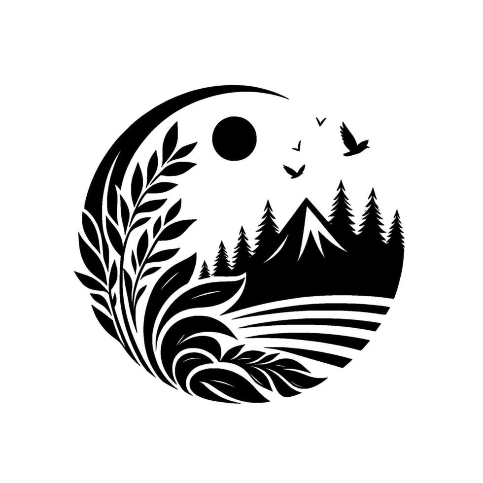 Minimalist black and white circular showcasing natures elements, including flora, mountains, birds, and a sun, symbolizing tranquility. vector