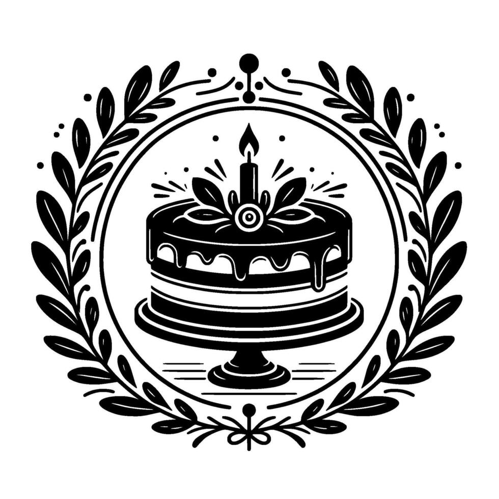 Elegant, black and white birthday cake illustration within a circular laurel wreath, with a lit candle on top, celebrating. vector