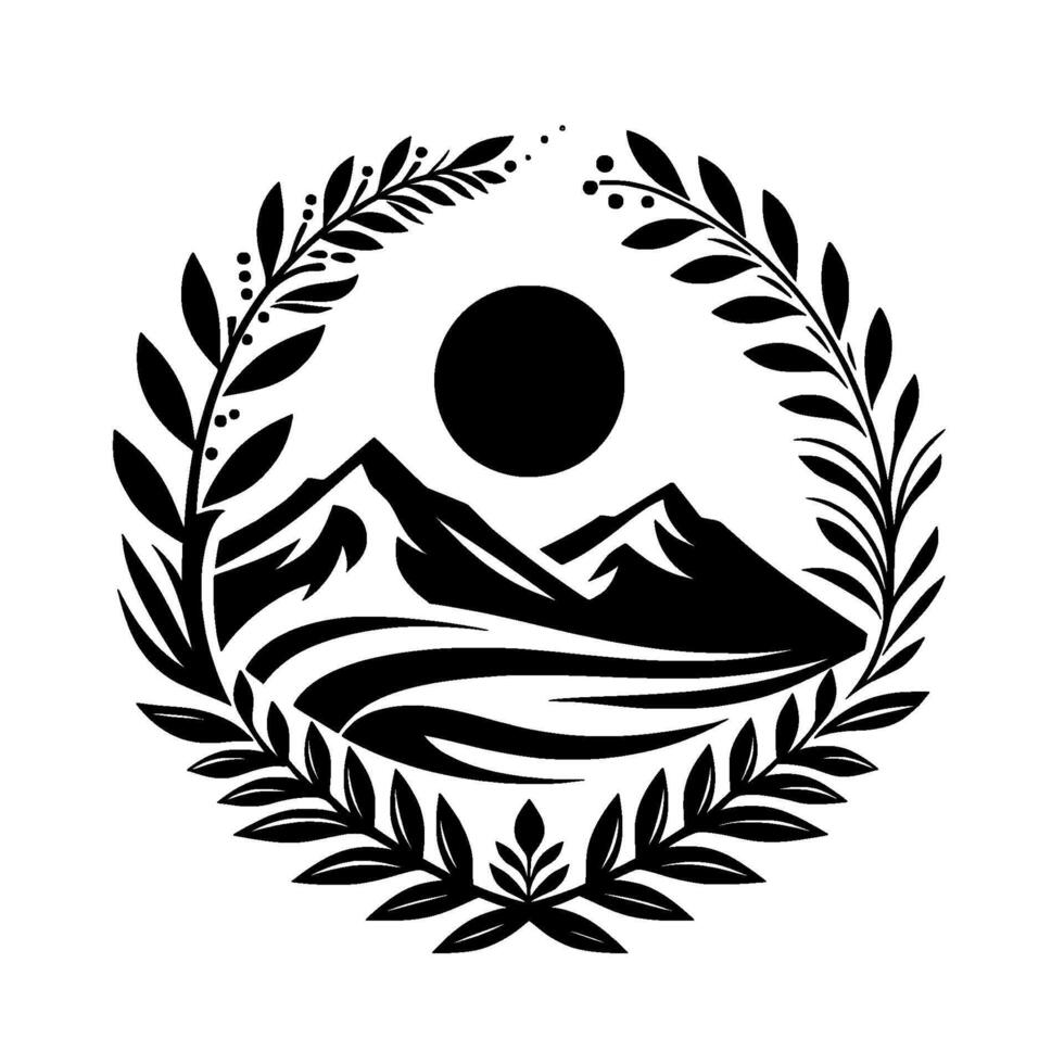 Mountain Landscape Silhouette Inside Laurel Wreath Sun, Peaks, and Water in Monochromatic Art. vector