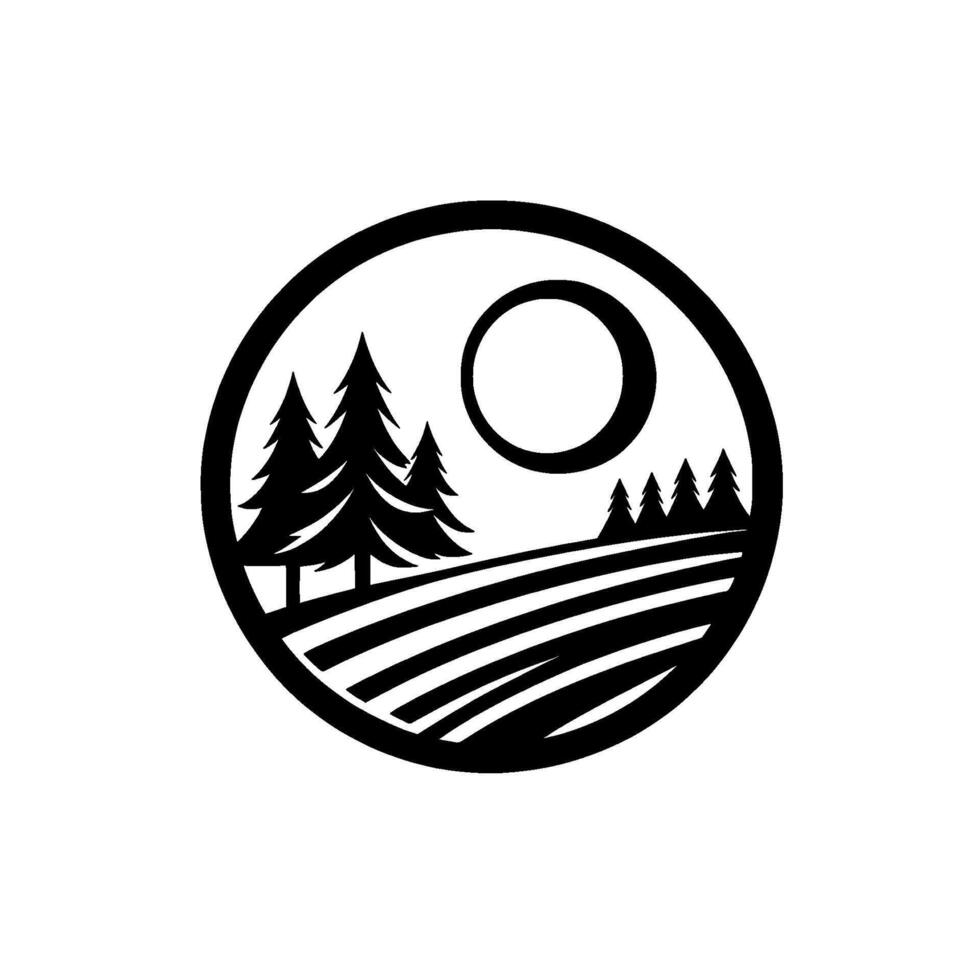 Black and white minimalist landscape illustration within a circle sun, trees, field, and horizon design. vector