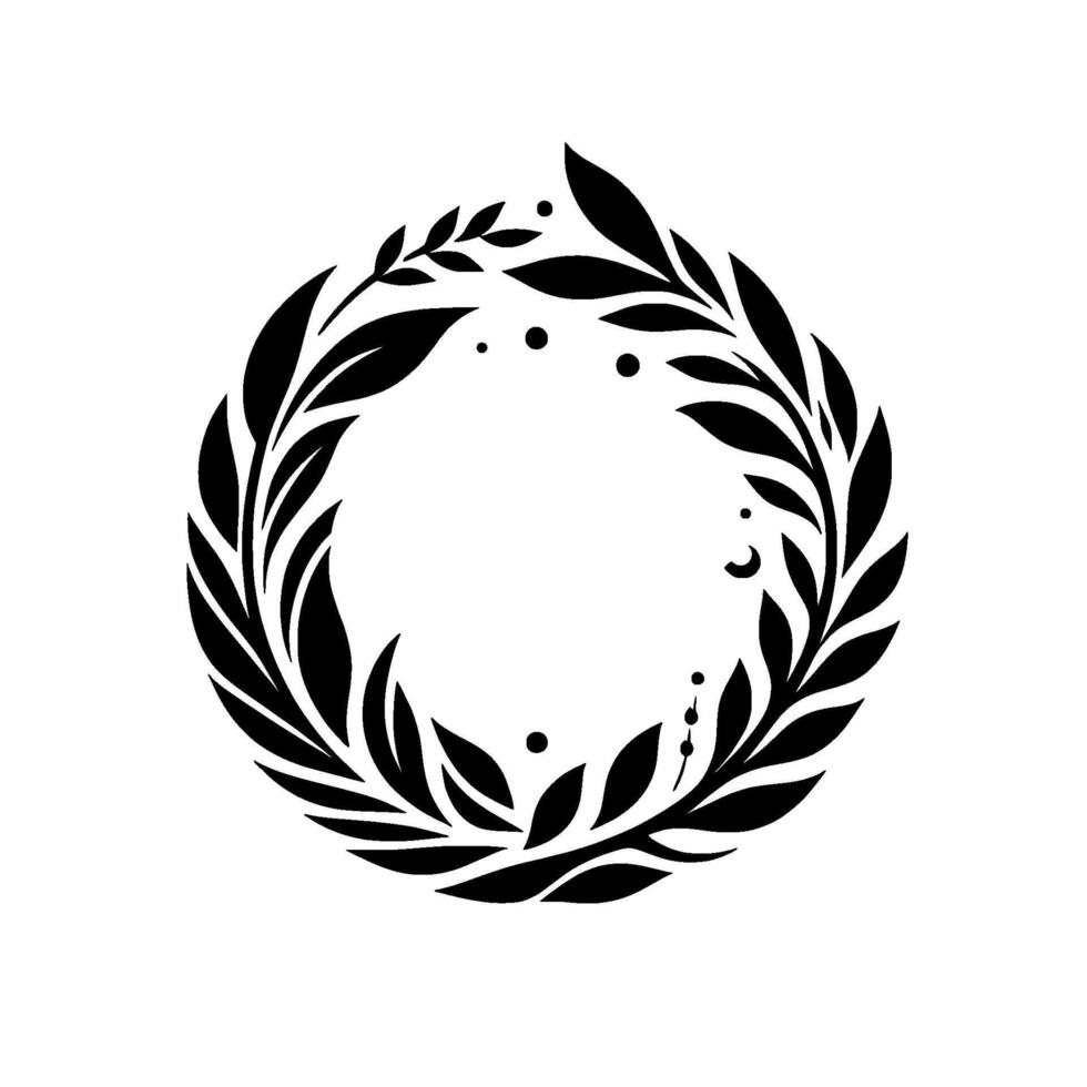 Black and White Minimalist Floral Wreath Surrounding a Circular Space, with Dots and Crescent, on White Background. vector