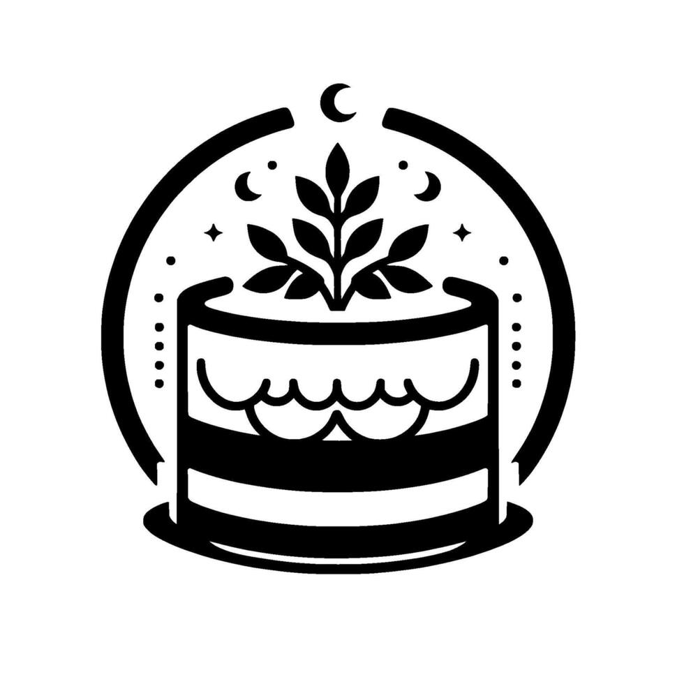 Black and white illustrated cake with leafy sprig, moons, and stars inside a circular frame, suggesting a celestial or mystical baked good. vector