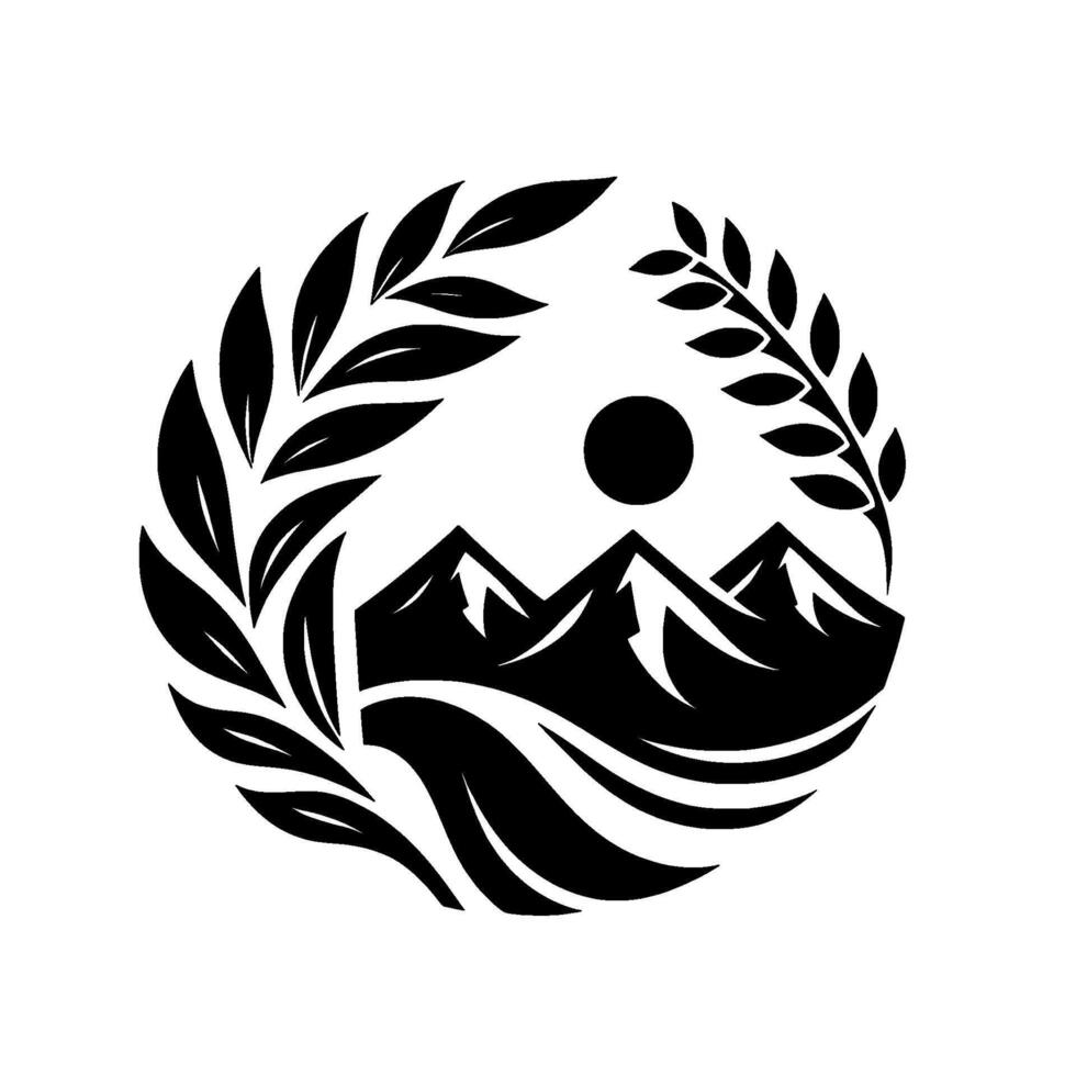 A minimalist black and white circular emblem featuring mountains, sun, foliage and flowing lines, evoking natures tranquility. vector