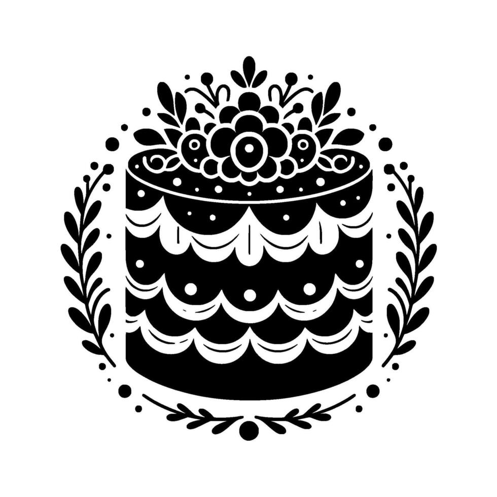Elegant, monochrome floral cake illustration, encircled by stylized botanical frame, evoking celebrations and special events, simple yet charming. vector