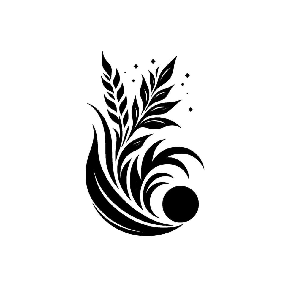 Black and White Floral with Decorative Swirls and Leaves, Isolated on White Background with Small Diamond Accents. vector