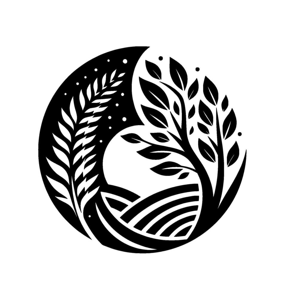 A yinyang style illustration featuring a stylized tree, leafy plant, and farmland, set within a black circle, evoking balance and harmony. vector