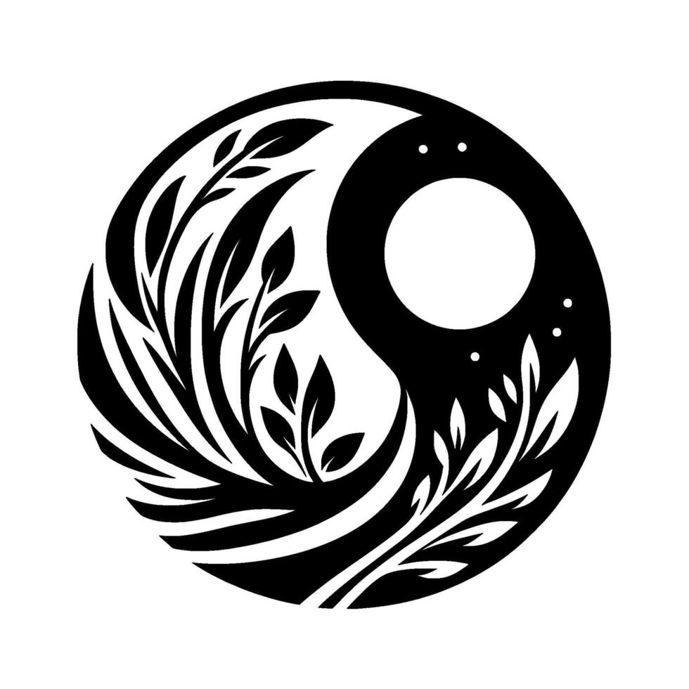 YinYang Symbol Floral Harmony, Black White Composition with Crescent Moon and Leafy Elements, Aesthetic. vector