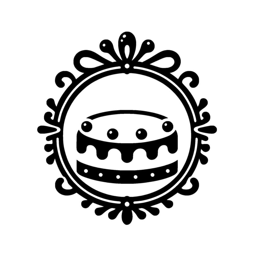 Elegant Black and White Cake Design, Circular Decorative Frame, Minimalist Food Illustration. vector