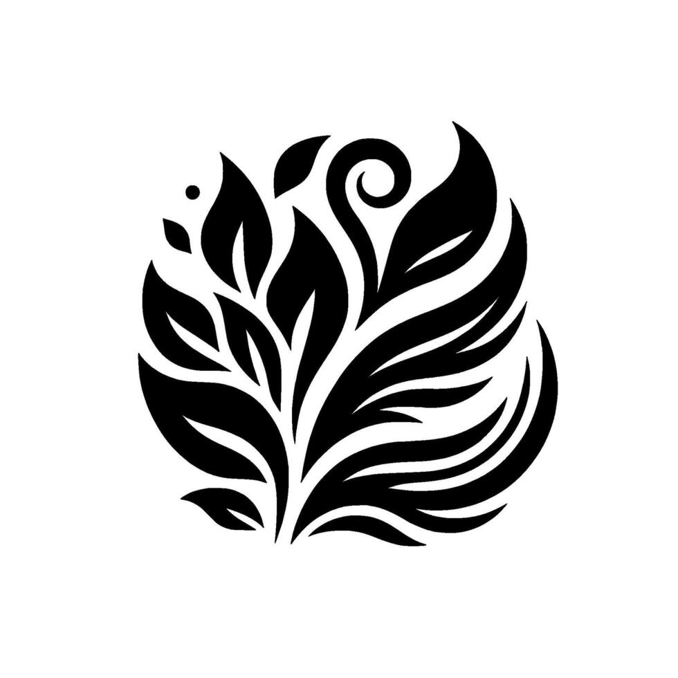 Elegant Black and White Botanical Illustration Stylized Leaves and Swirls Forming a Symmetrical Floral on White Background. vector