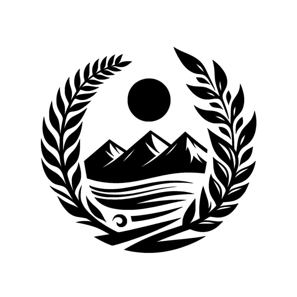 Symbolic Monochrome Illustration Mountains, Sun, Water, and Laurel Wreath, Set Against a Bright White Background. vector