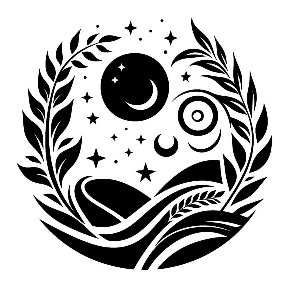 Intricate black and white circular featuring a celestial landscape, crescent moons, stars, hills, and stylized foliage framing the scene. vector