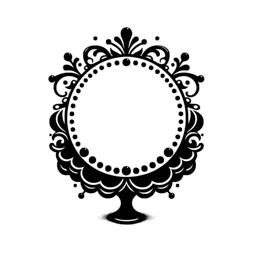 Elegant Black and White Ornamental Cake Stand with Round Frame, Dotted Edge, and Ornate Scrollwork, isolated on white. vector