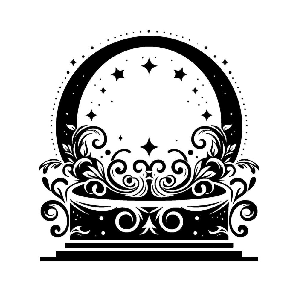 Ornate Black White Illustration of a Celestial Snow Globe with Floral and Swirl Decorations, Starry Sky, and Elegant Base. vector