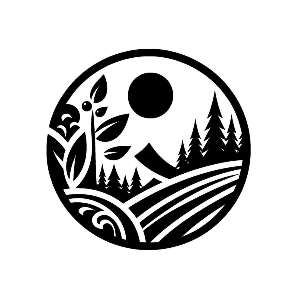 Stylized black and white circular emblem featuring a farm landscape with a plant, fields, trees, mountain, and sun. vector