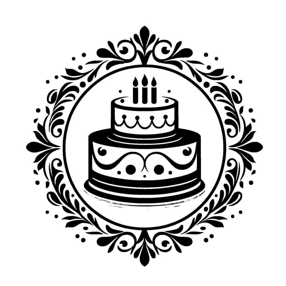 Elegant Black and White Birthday Cake Emblem TwoTiered Cake with Candles Inside Floral Circle, Decorative Design. vector