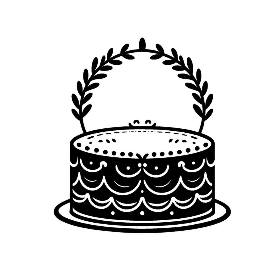 Elegant Black and White Illustration of a Layered Cake Adorned with Delicate Floral Arch, on a Plate. vector