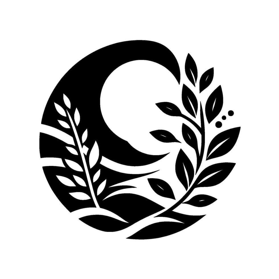 Serene Black and White Circular Composition Crescent Moon, Branches, and Leafy Sprigs within a Circle vector