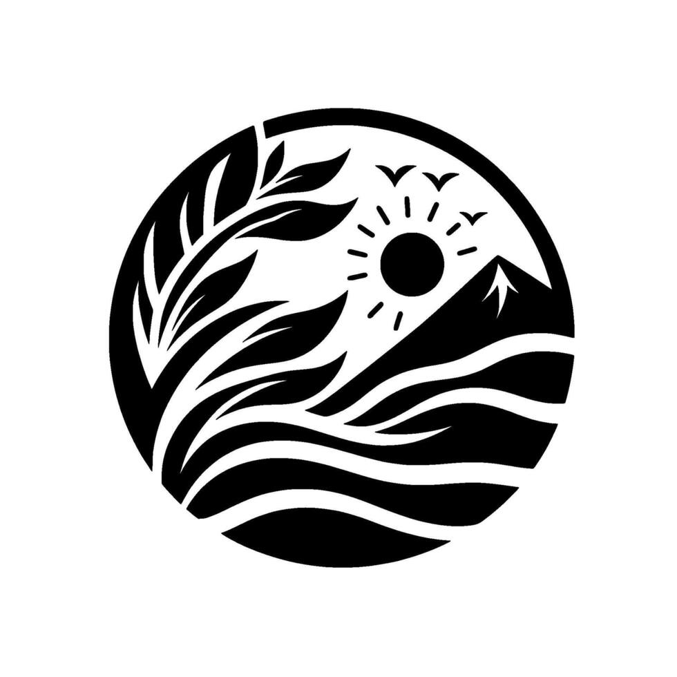 Silhouette scenic landscape design, featuring mountains, sun, birds, leaves, and stylized water within a circular frame, conveying tranquility. vector