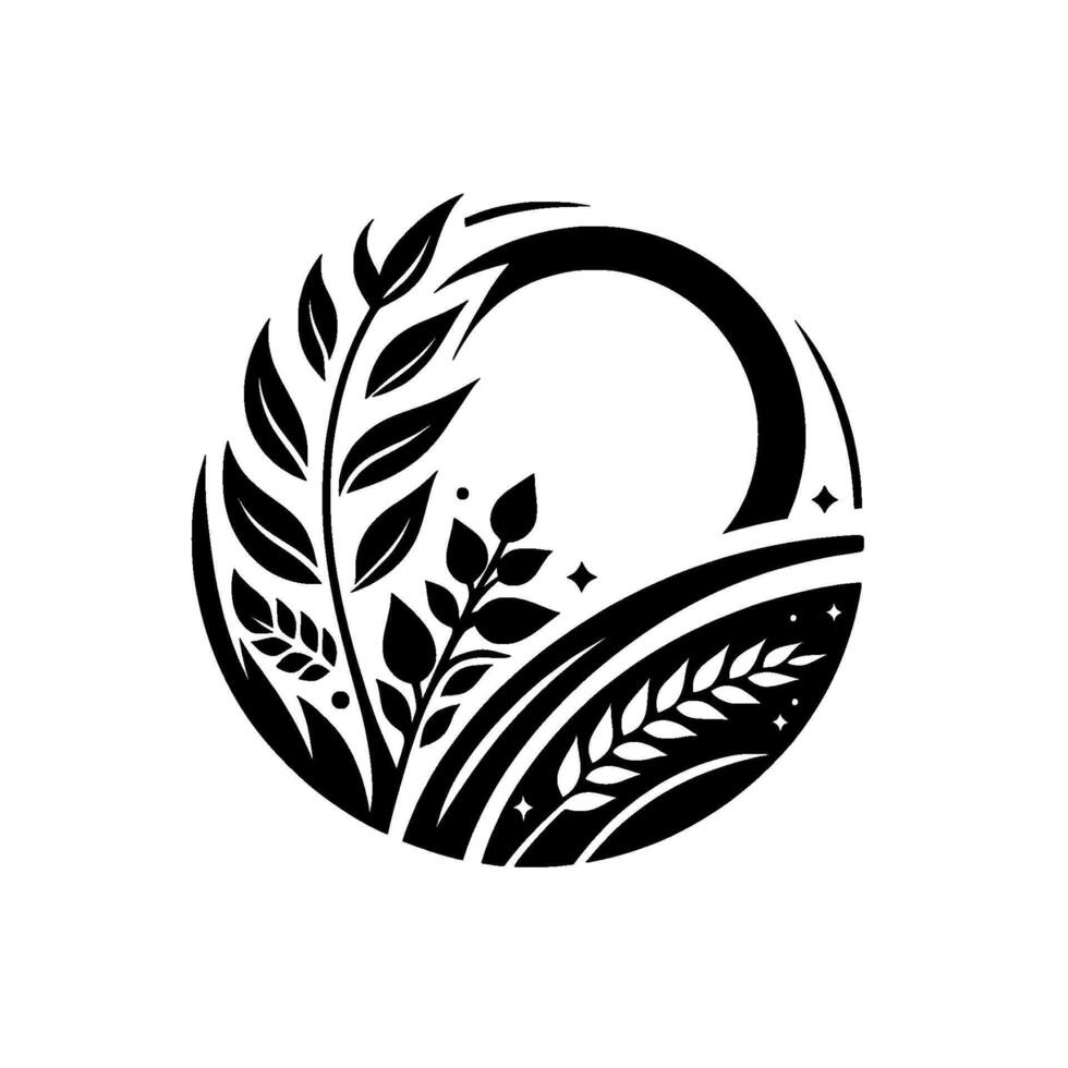 Black White Circle Composition Botanical with Leaves, Stars, and Wheat Elements, Minimalist Aesthetics. vector