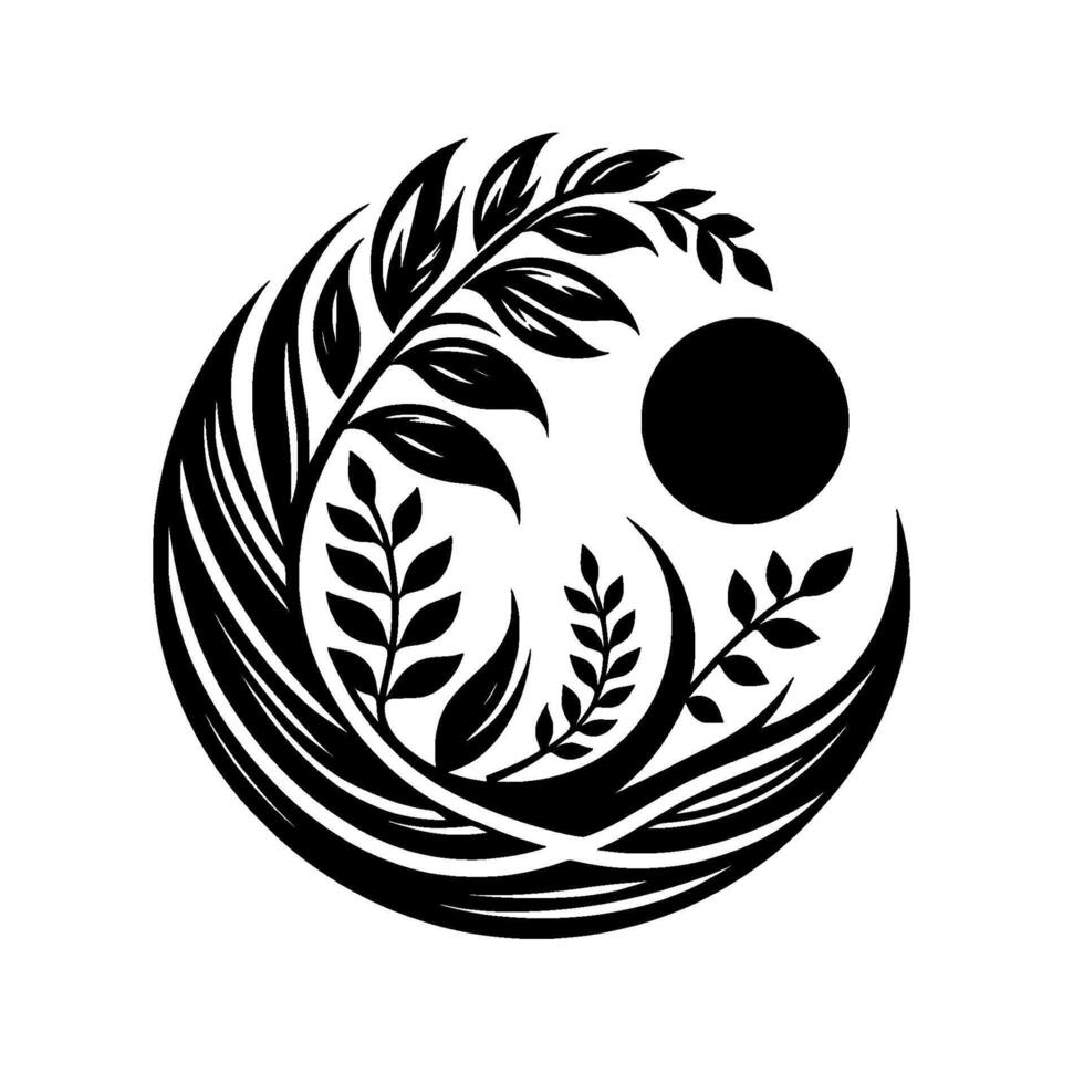 Serene YinYang Abstract Floral Composition Black White Silhouette with Sun, Leaves, and Blades, Harmonious Balance. vector