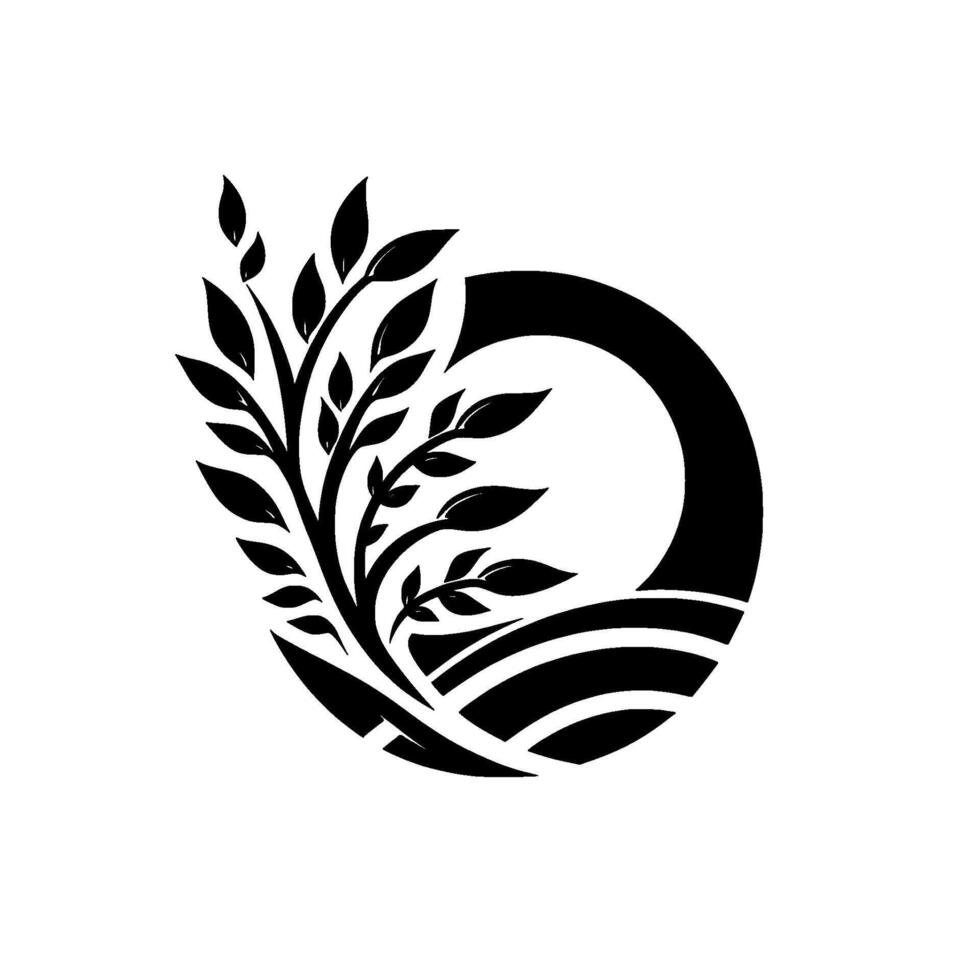 Black and white stylized depicting a leafy plant growing from a stylized landscape within a circular frame. vector