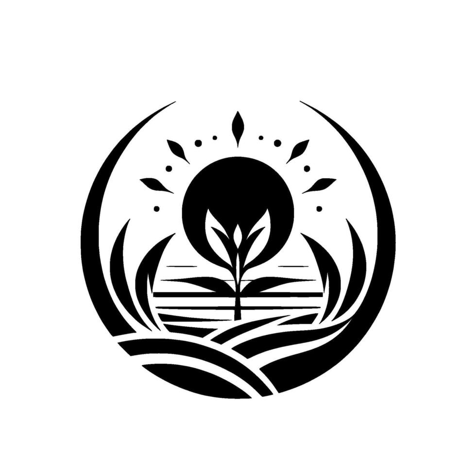 Abstract black and white natureinspired featuring a stylized sprout in a serene landscape, evoking growth and harmony. vector