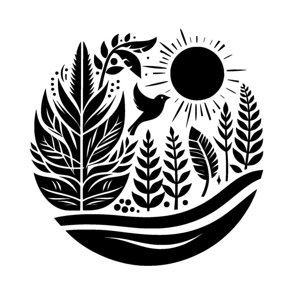 Black and White Circular Nature Illustration Bird, Sun, and Plant Silhouettes in a Harmonious Design. vector