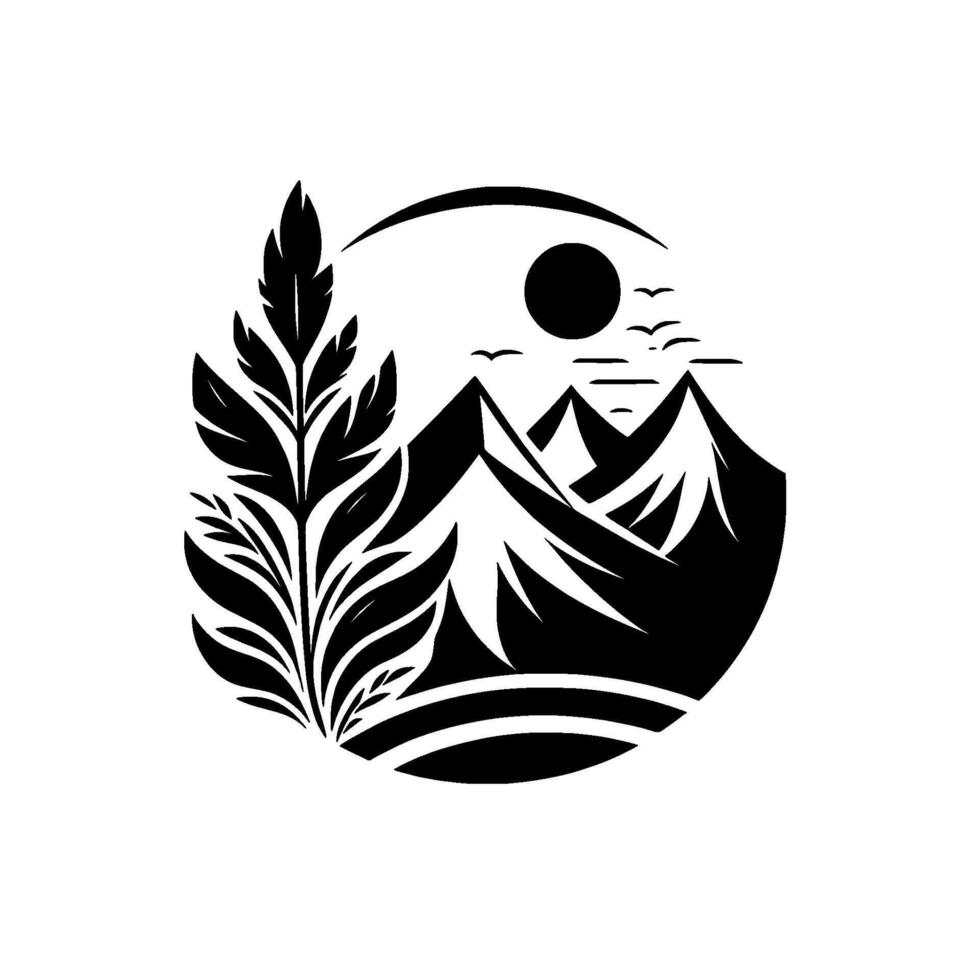 Black and white circular nature featuring mountains, a sun, birds, and stylized leaves, creating a serene, minimalist landscape. vector