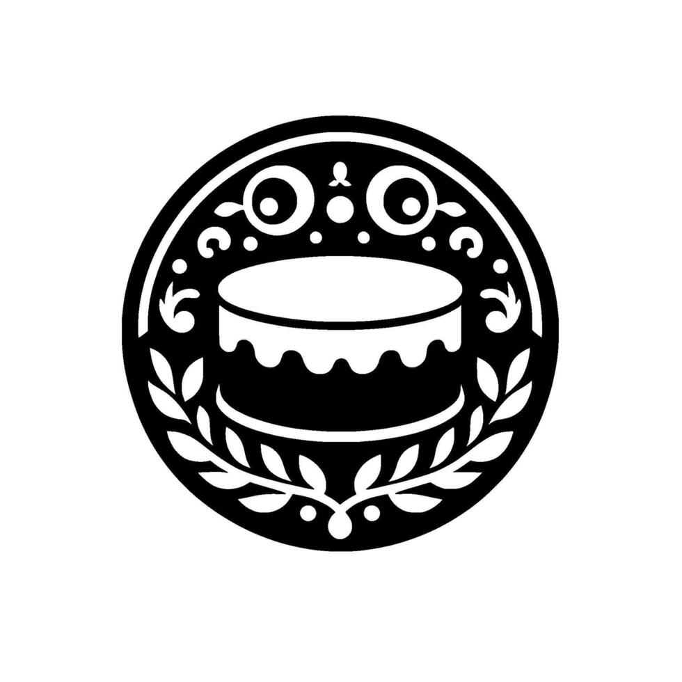 Elegant Black and White Round Emblem Featuring Cake, Laurel Wreath, Decorative Elements, and White Background. vector