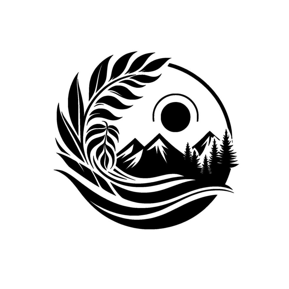 YinYang inspired black and white nature logo, featuring mountains, sun, forest, and stylized leaves, within a circle. vector