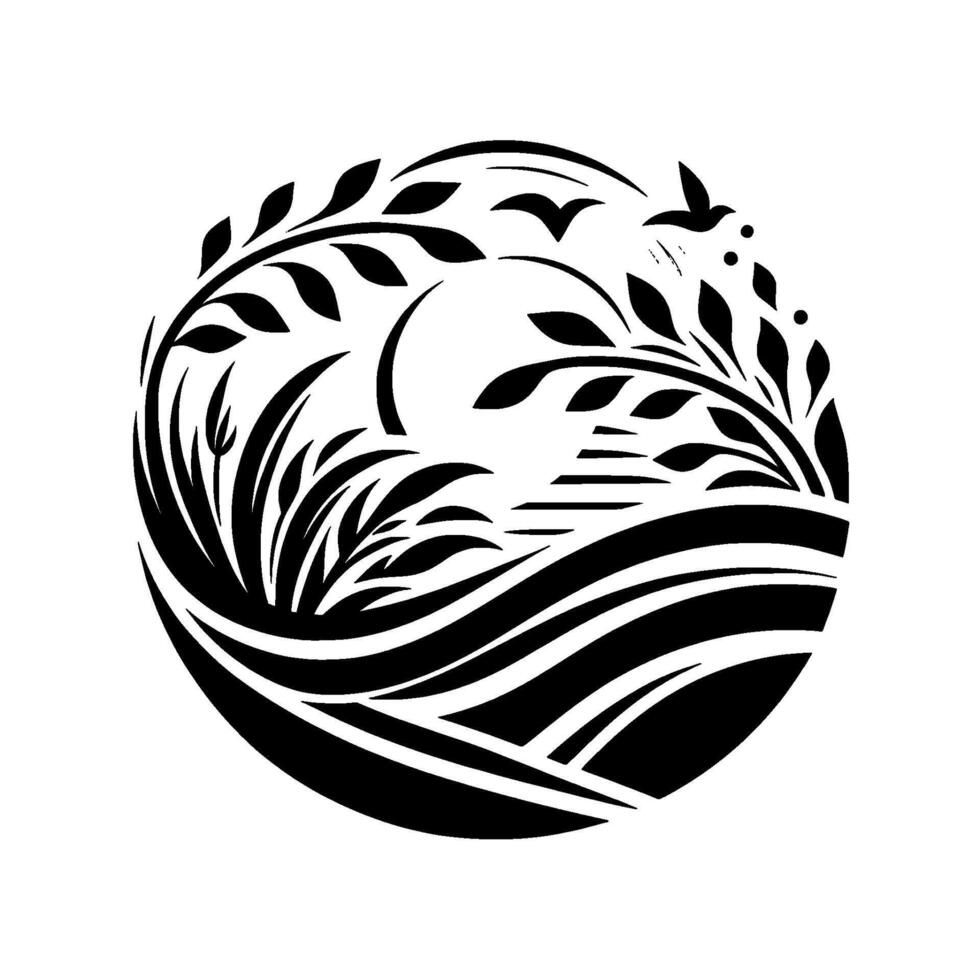Intricate Black and White Nature Silhouette Birds, Foliage, and Waves within a Circular Frame, Evoking Peace and Tranquility. vector