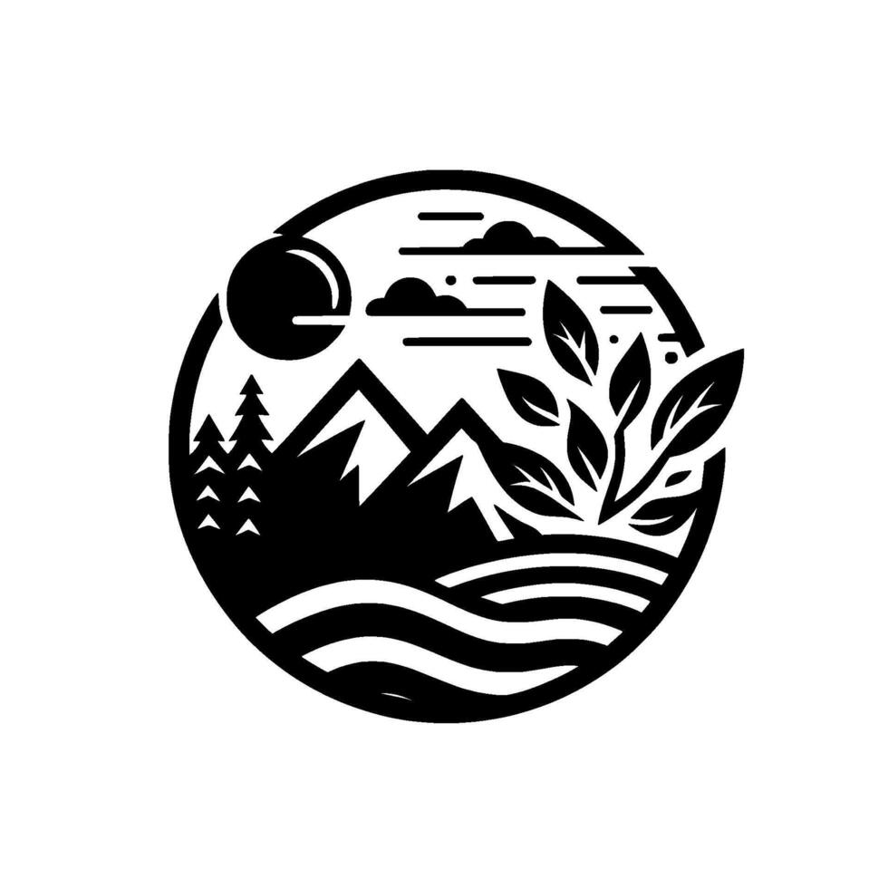 Black and White Circular Nature Depicting Mountain Peaks, Trees, Waves, Sun, Clouds, and Foliage. A Minimalist Scenic Design. vector