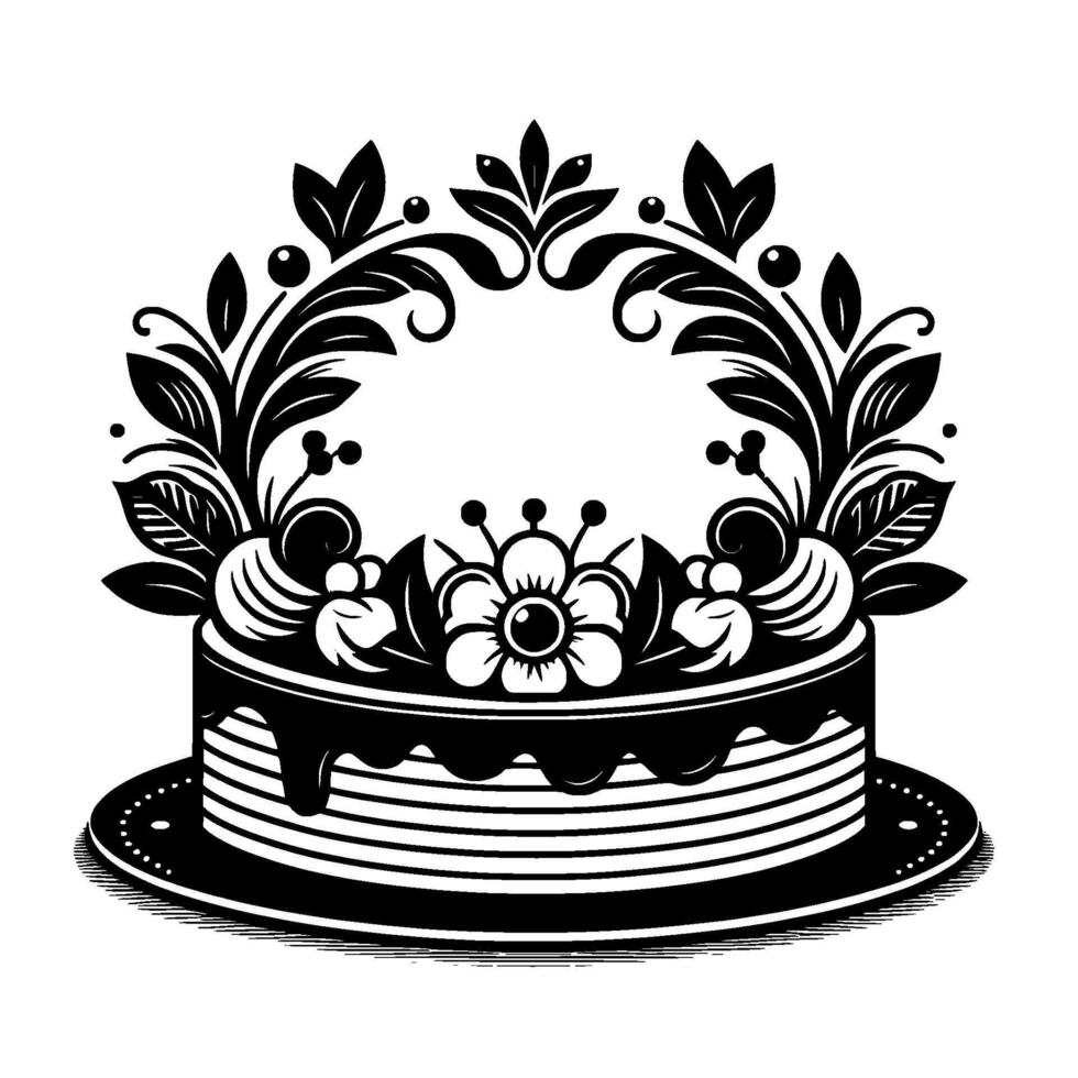 Elegant black and white cake with intricate floral wreath, chocolate drizzle, and striped layers, on a dotted plate, perfect for celebrations. vector