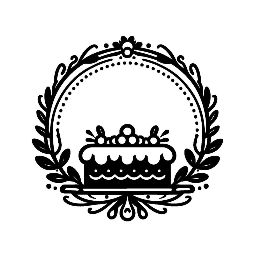 Ornate Black White Cake Silhouette within a Laurel Wreath Circle, Festive on White Background. vector