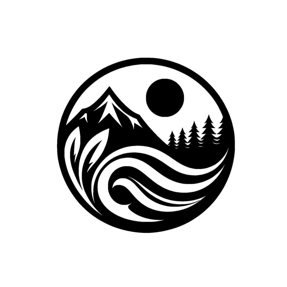 YinYang Harmony Black and white circular featuring mountain, forest, moon, flowing water, and foliage elements. vector