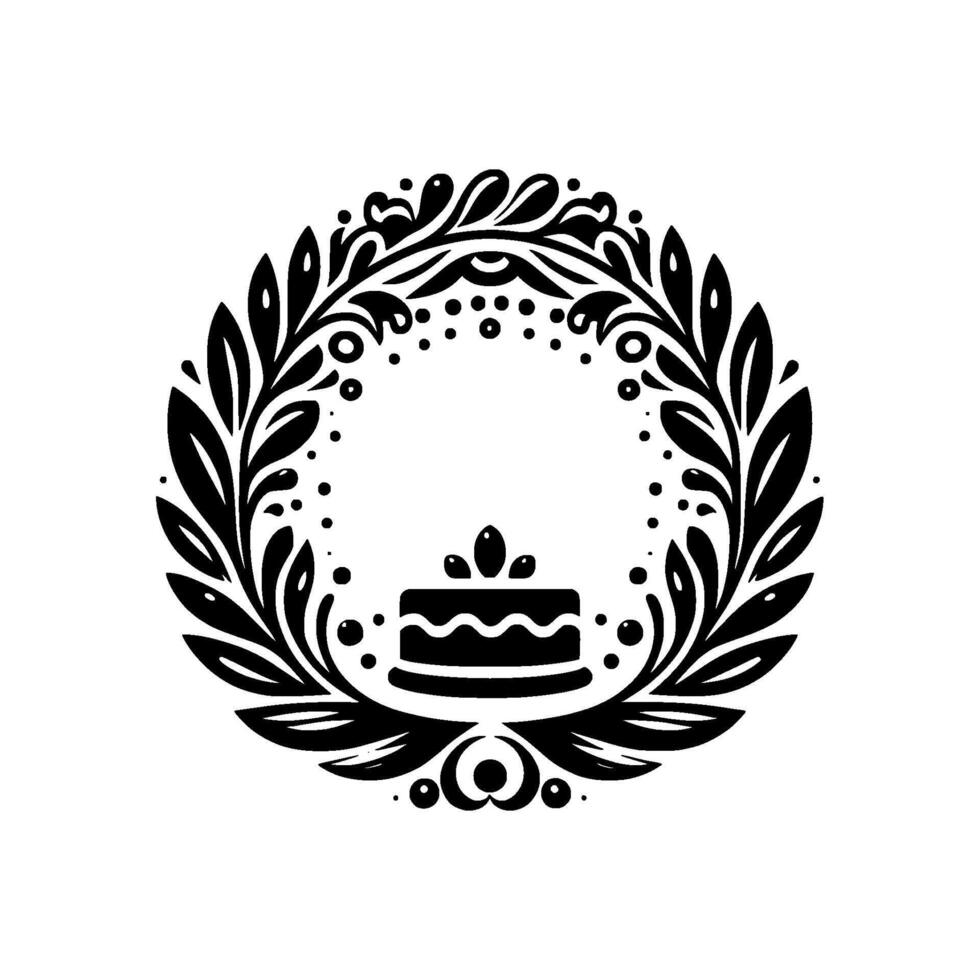A stylized black and white emblem featuring a cake centerpiece adorned with foliage wreath, creating a decorative and celebratory design. vector