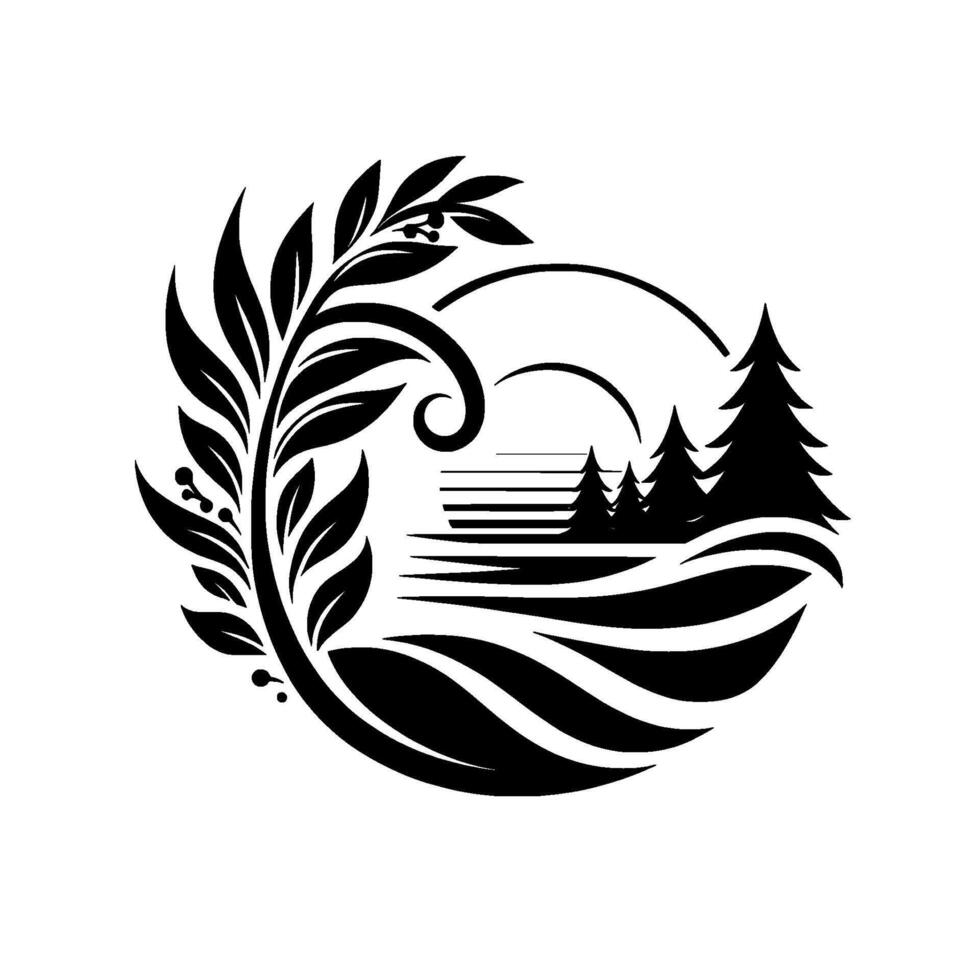 Circular, black and white nature logo, featuring a leafy branch surrounding a stylized landscape with trees, fields, and sun. vector