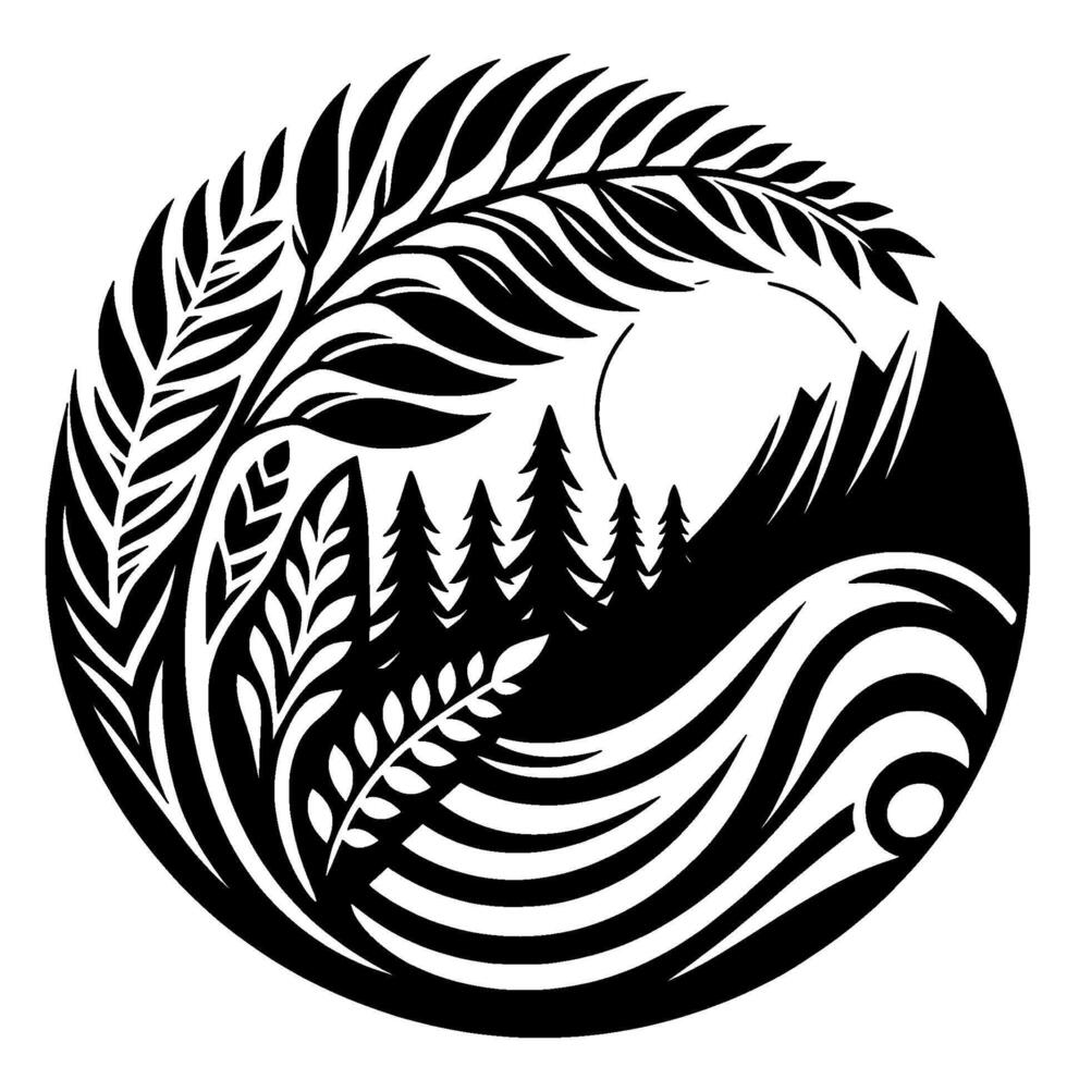 Black and white circular nature scene with mountains, trees, flowing water, and foliage, symbolizing harmony. vector