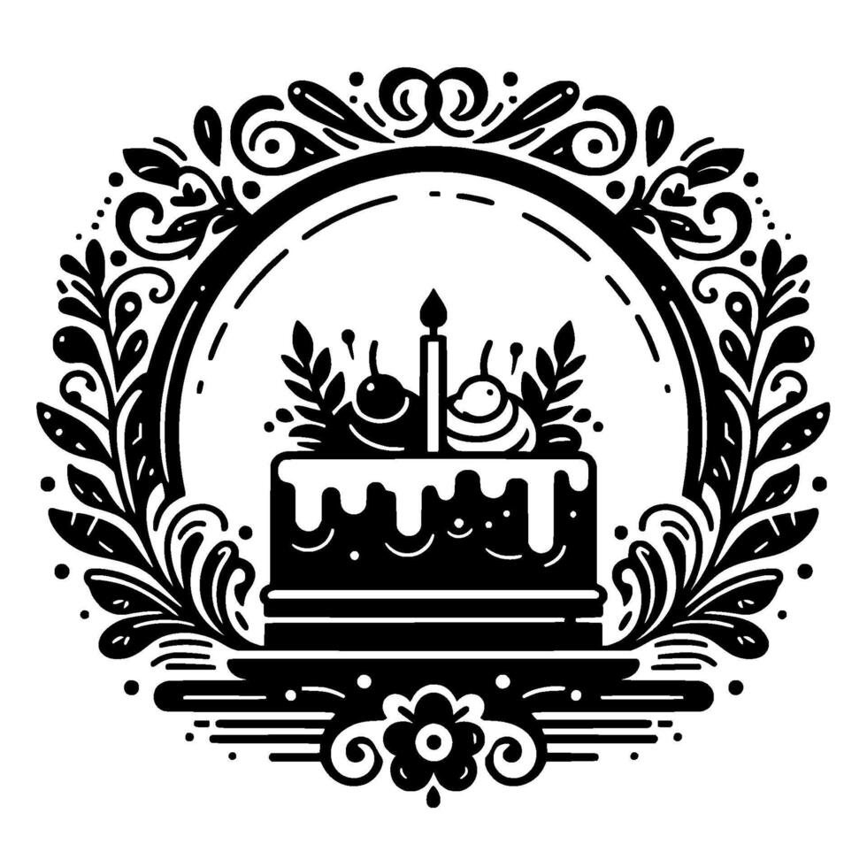 Black and white ornate illustration featuring a birthday cake with a lit candle, decorated with cherries and foliage, framed within a floral wreath. vector