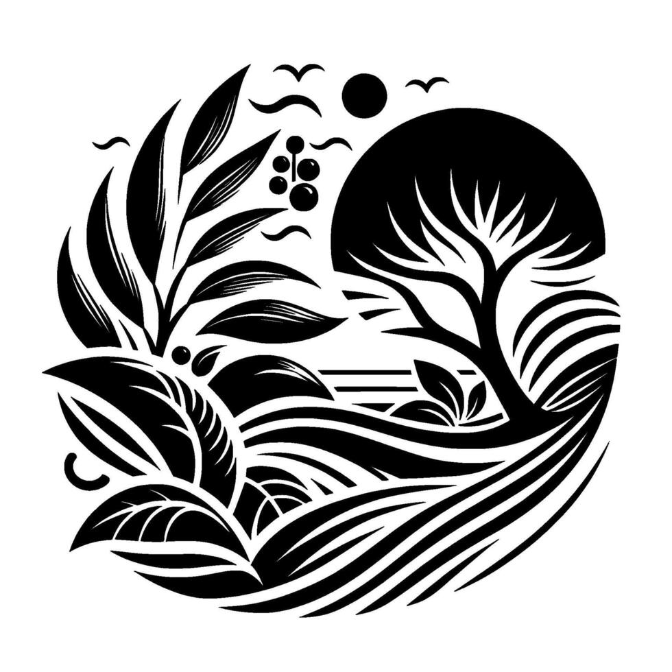 Monochrome Circular Artwork Stylized Landscape with Tree, Plants, Birds, Berries, Sun, and Flowing Lines evoking natures harmony and serenity. vector