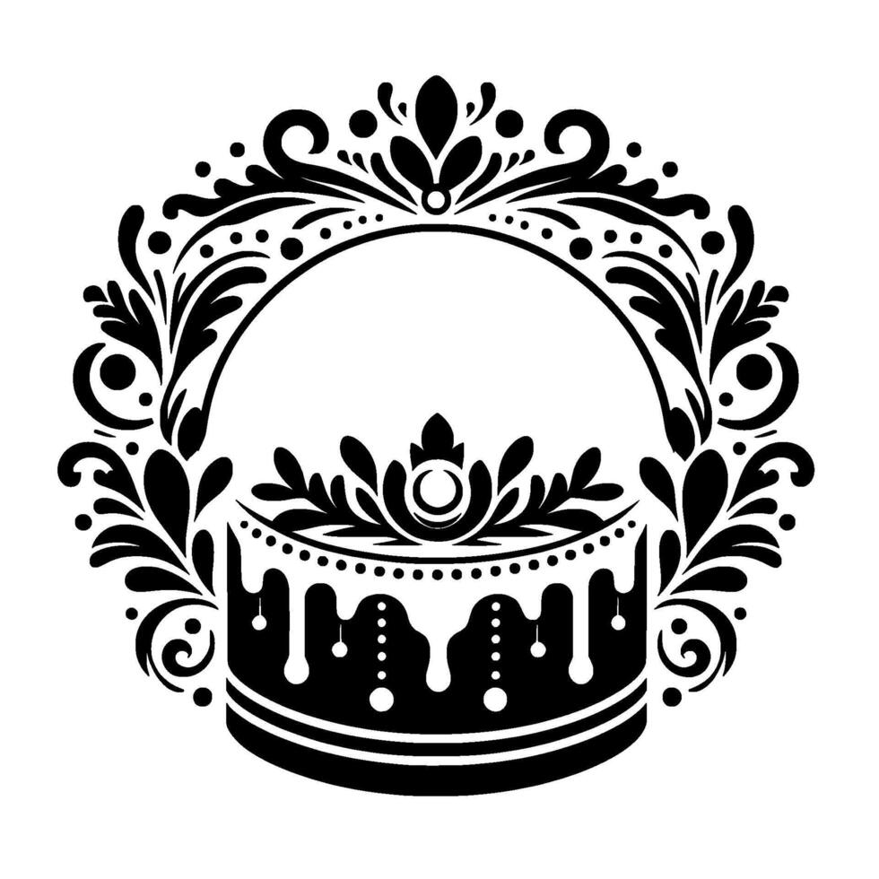 Elegant Black and White Cake with Ornamental Floral Frame, Dots, and Drip Details for Invitations, Celebrations. vector