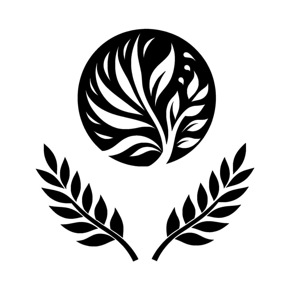 Black and White Illustration A Stylized Plant Emblem with a Circular Centerpiece and Two Branch Accents, Minimalist Design. vector