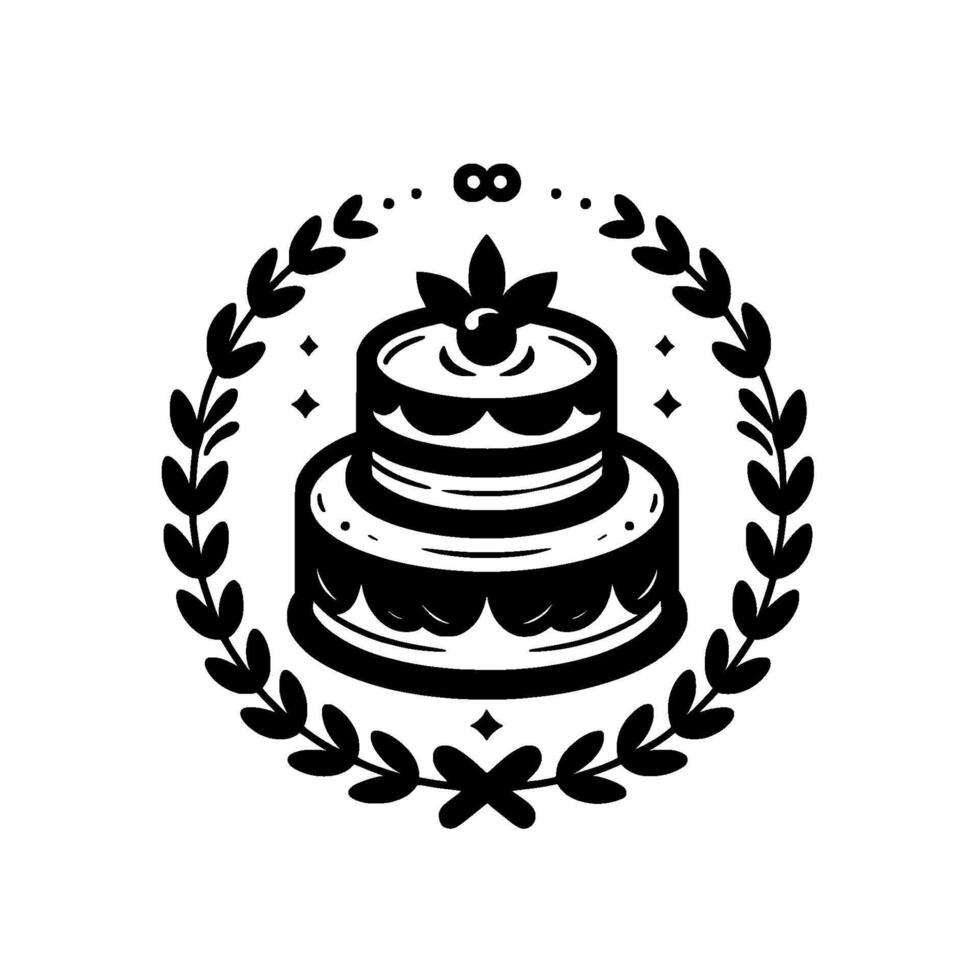 Black and white illustration Twotiered cake with leaf crown, dotted details and a playful infinity sign. vector