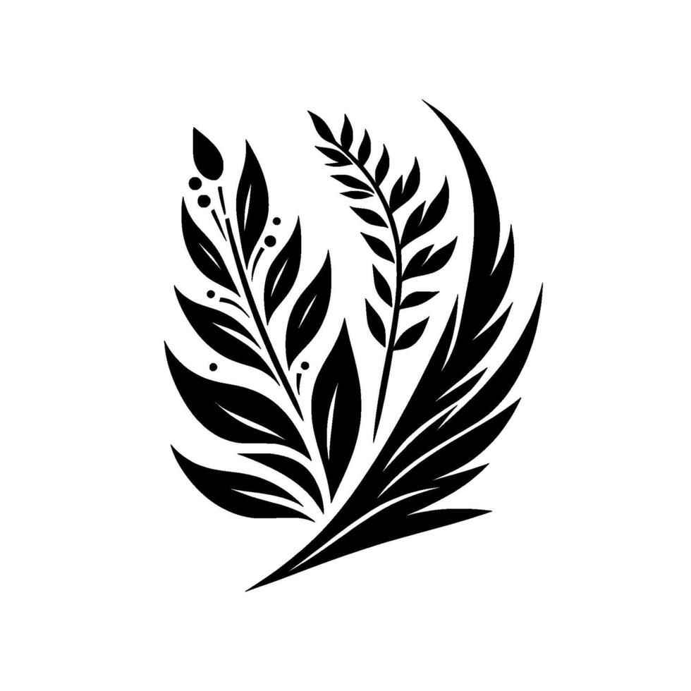Elegant Black and White Floral Design Stylized Botanical Illustration on a Clean White Background, Depicting Leaves Branches. vector