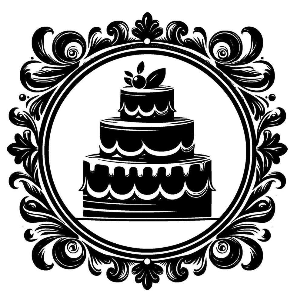 Elegant Tier Cake in Decorative Circular Frame, Black White Ornamental Design, Artistic Celebration Icon. vector