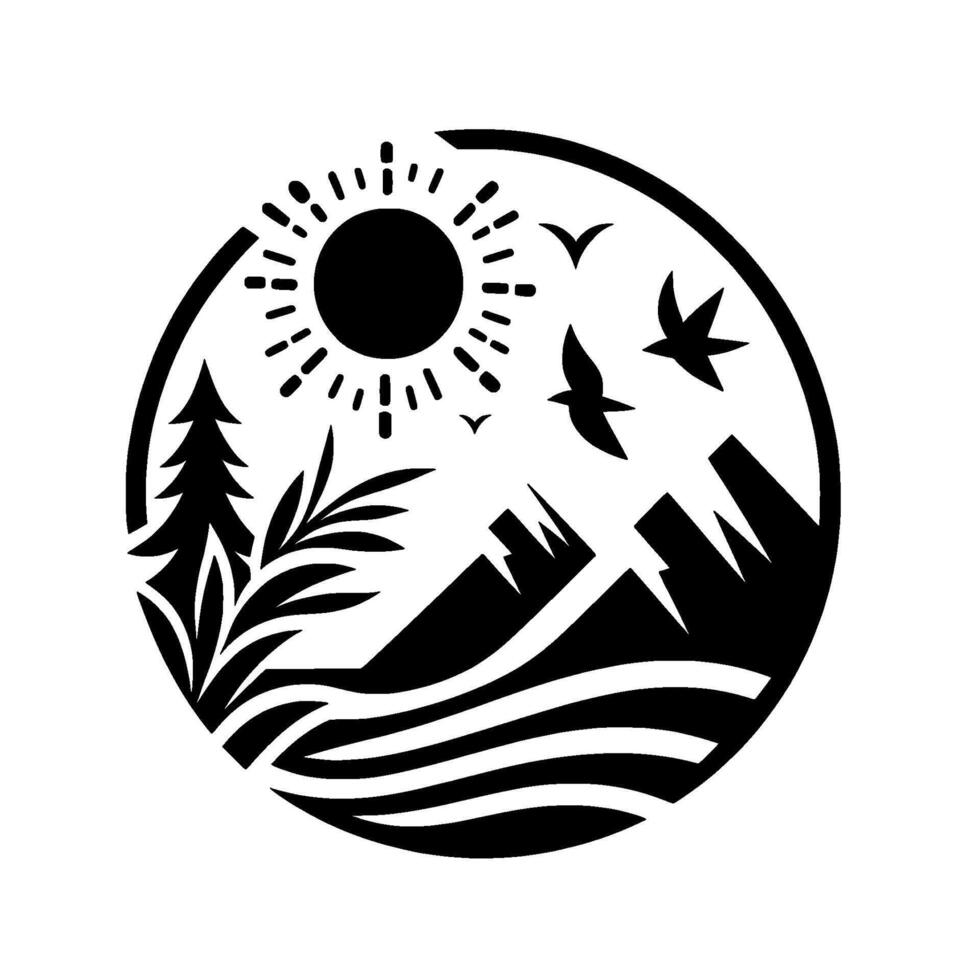 Black and white circular landscape illustration featuring mountains, sun, birds, trees, and water, evoking nature and serene vibes. vector