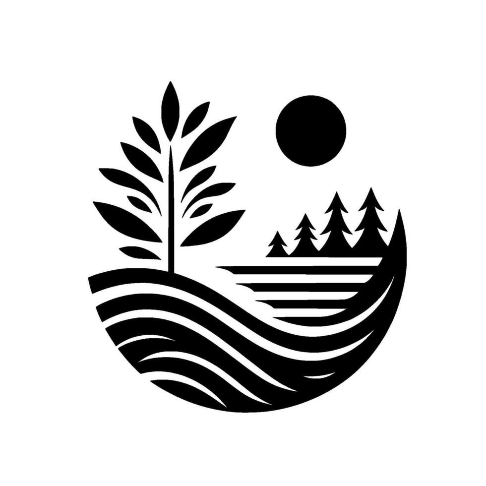 Stylized Black and White Circular Landscape Featuring a Tree, Lake, Forest, and Sun, Evoking Minimalist Nature. vector