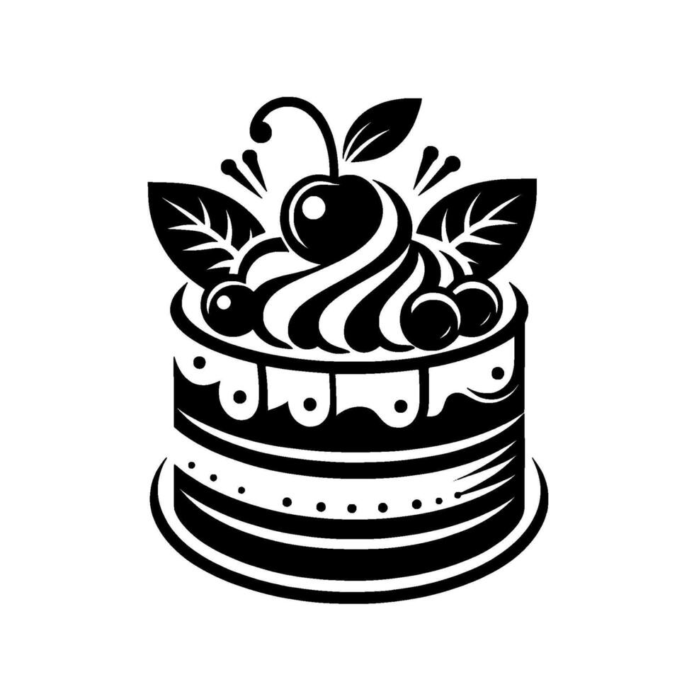 Elegant Black and White Illustration of a Layered Cake Decorated with Swirls, Cherries, and Leaves on a White Background. vector