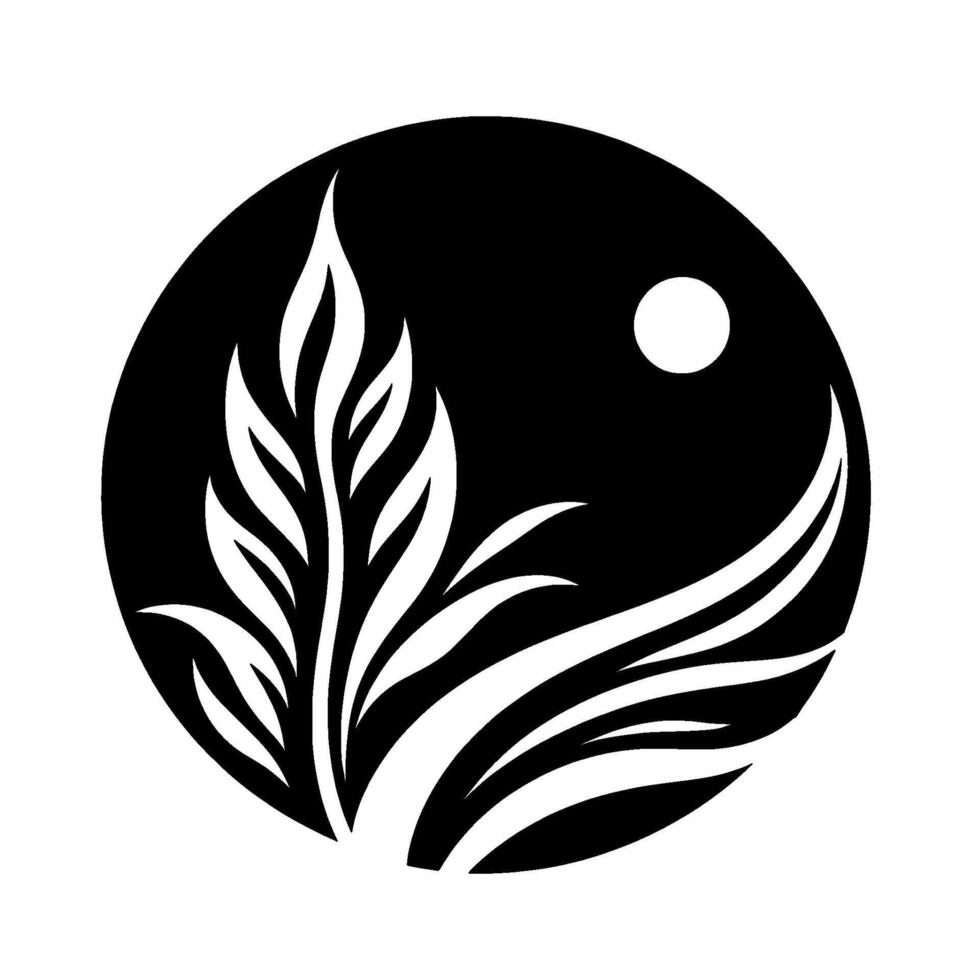 Black and white minimalist emblem of stylized flora, resembling a yinyang composition, moon and plant silhouette, modern design. vector